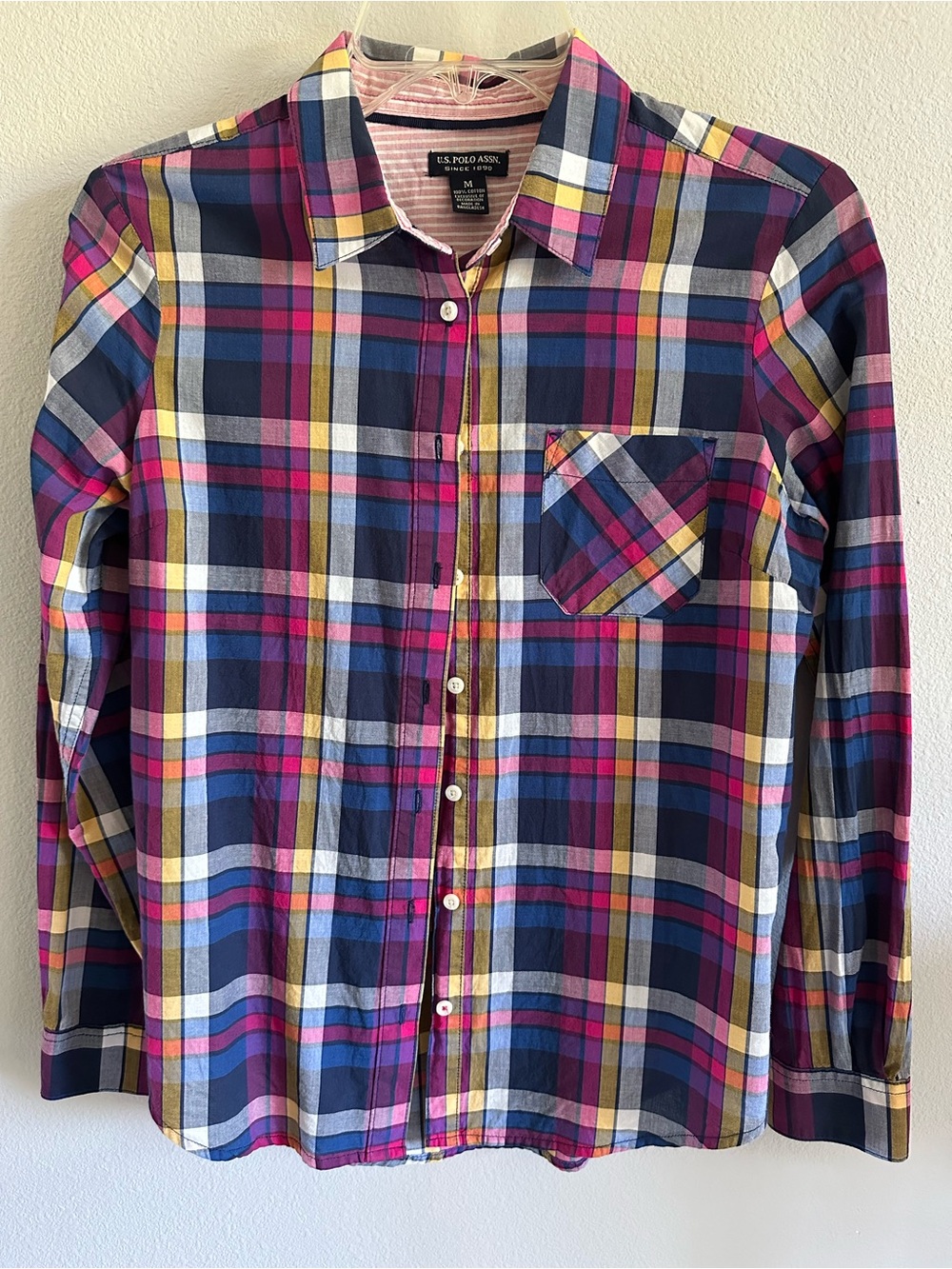 U.S. Polo Assn. Lady’s Multicolor Plaid Button-Down Shirt - Navy, Pink, Yellow